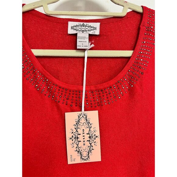 Oliver Women's L Red Rhinestone Embellished Soft Knit Pullover Sweater - Picture 2 of 5